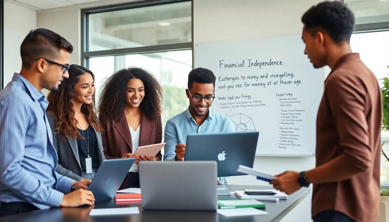 young adults collaborating on financial independence strategies in a modern workspace.