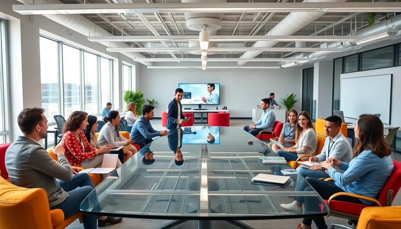 modern tech startup office with collaborative spaces and diverse professionals.