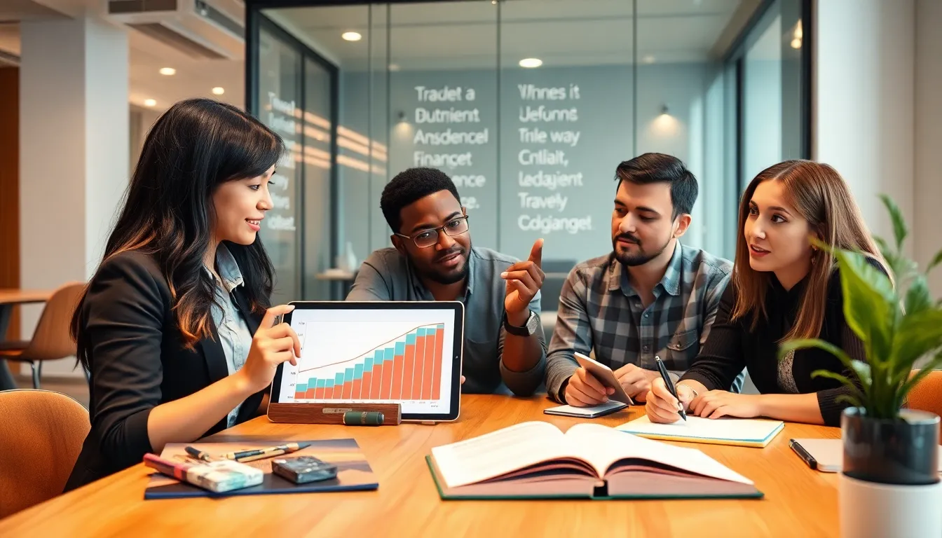 diverse millennials discussing financial habits in a modern workspace.