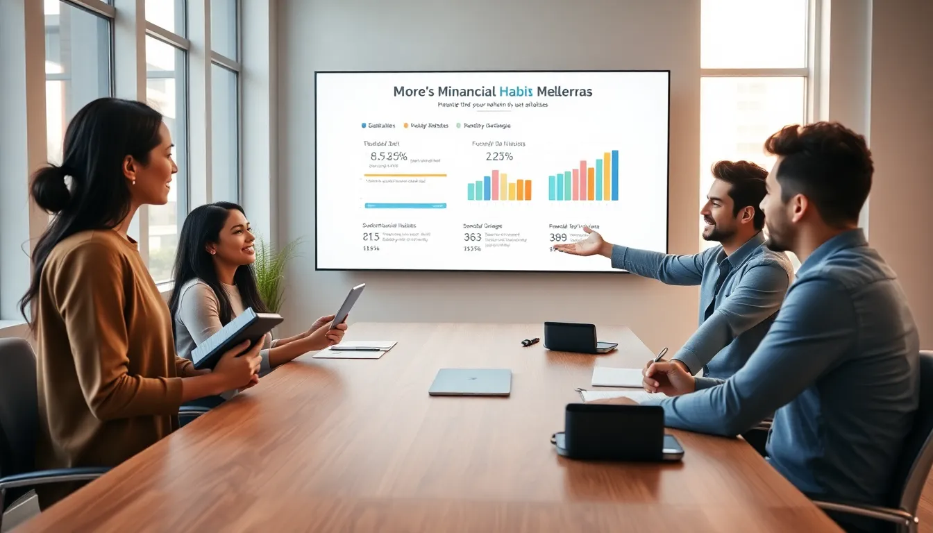 diverse young professionals discussing millennial financial habits in a modern office.