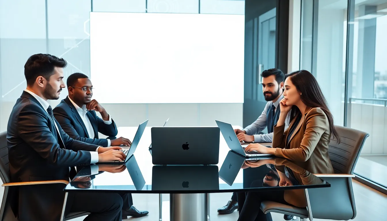 diverse professionals discussing artificial intelligence quotes in a modern office.