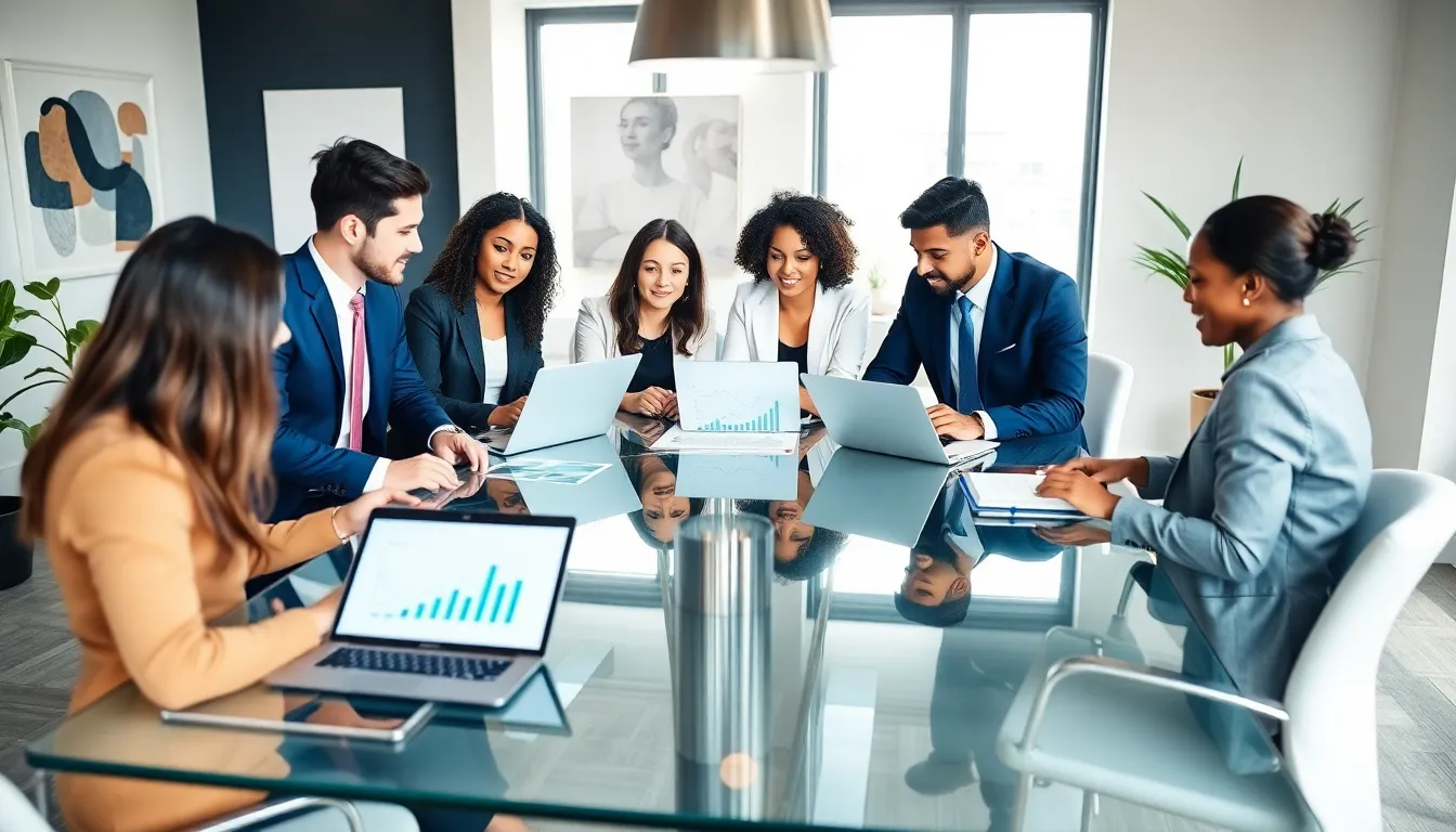 consultants collaborating in a modern office on tech startup strategies.