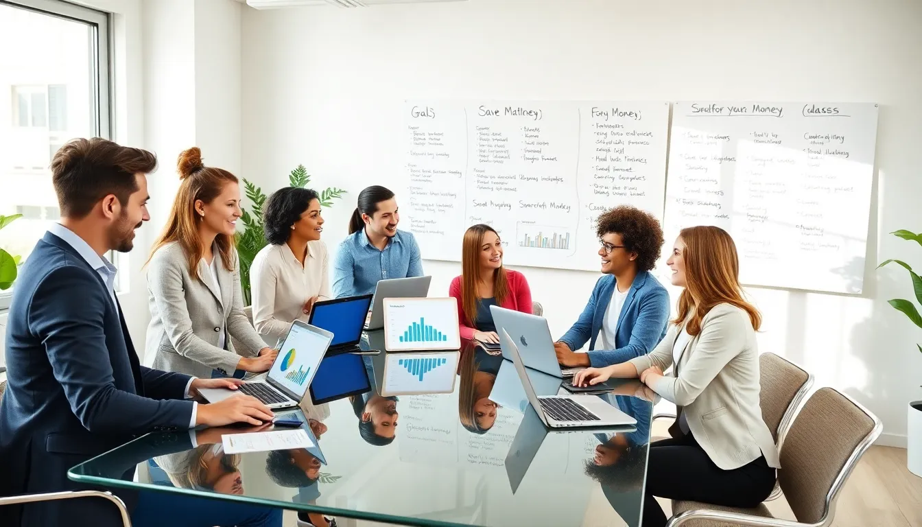 young professionals discussing financial goals in a modern office.