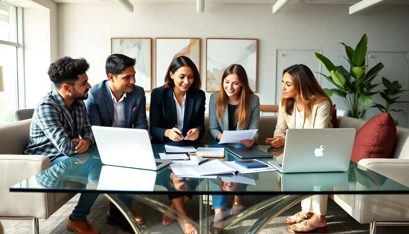 young professionals discussing financial strategies in a modern office.