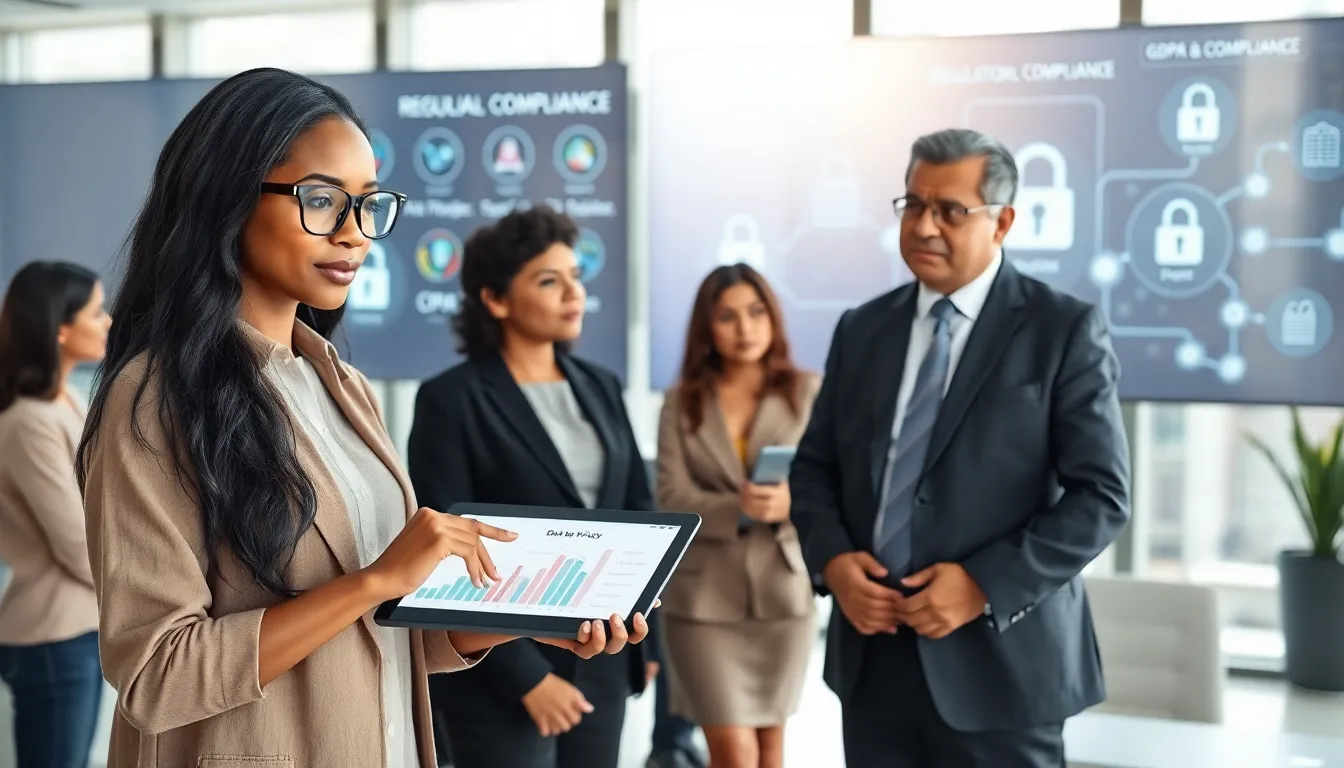 diverse professionals discussing data privacy in a modern office.