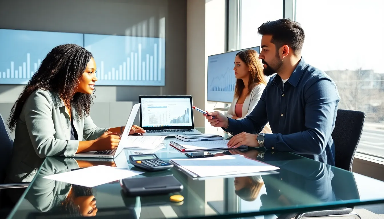 young adults collaborating on financial planning in a modern office.