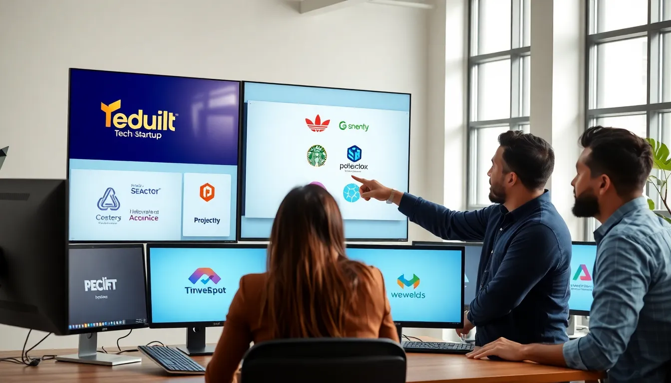 professionals collaborating on innovative tech startup logos in a modern workspace.