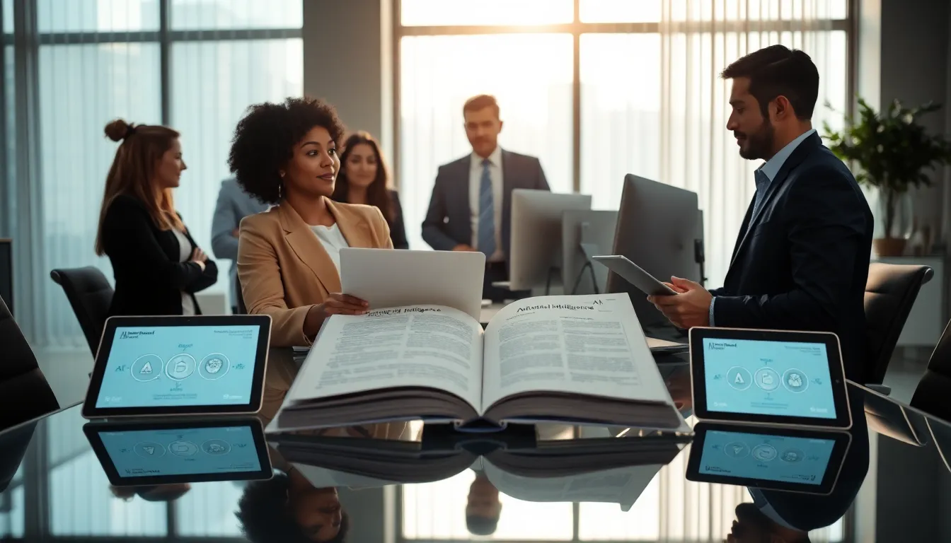 professionals discussing an artificial intelligence book in a modern office.