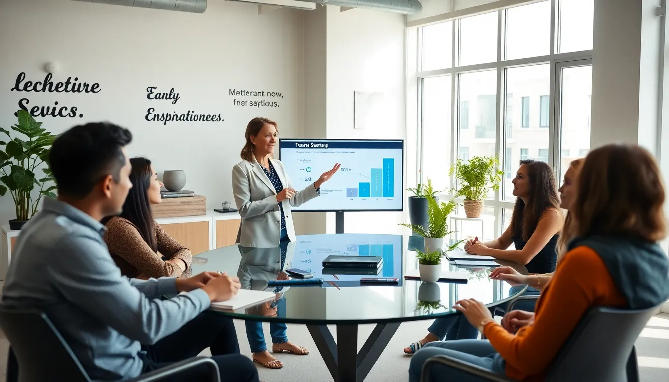 consultant discussing strategies with a diverse group in a modern office.