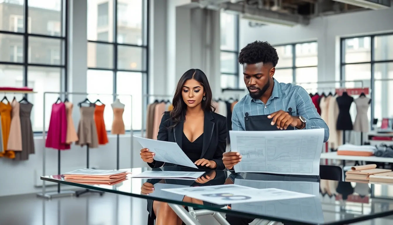 team collaborating on a fashion tech pack in a modern workspace.
