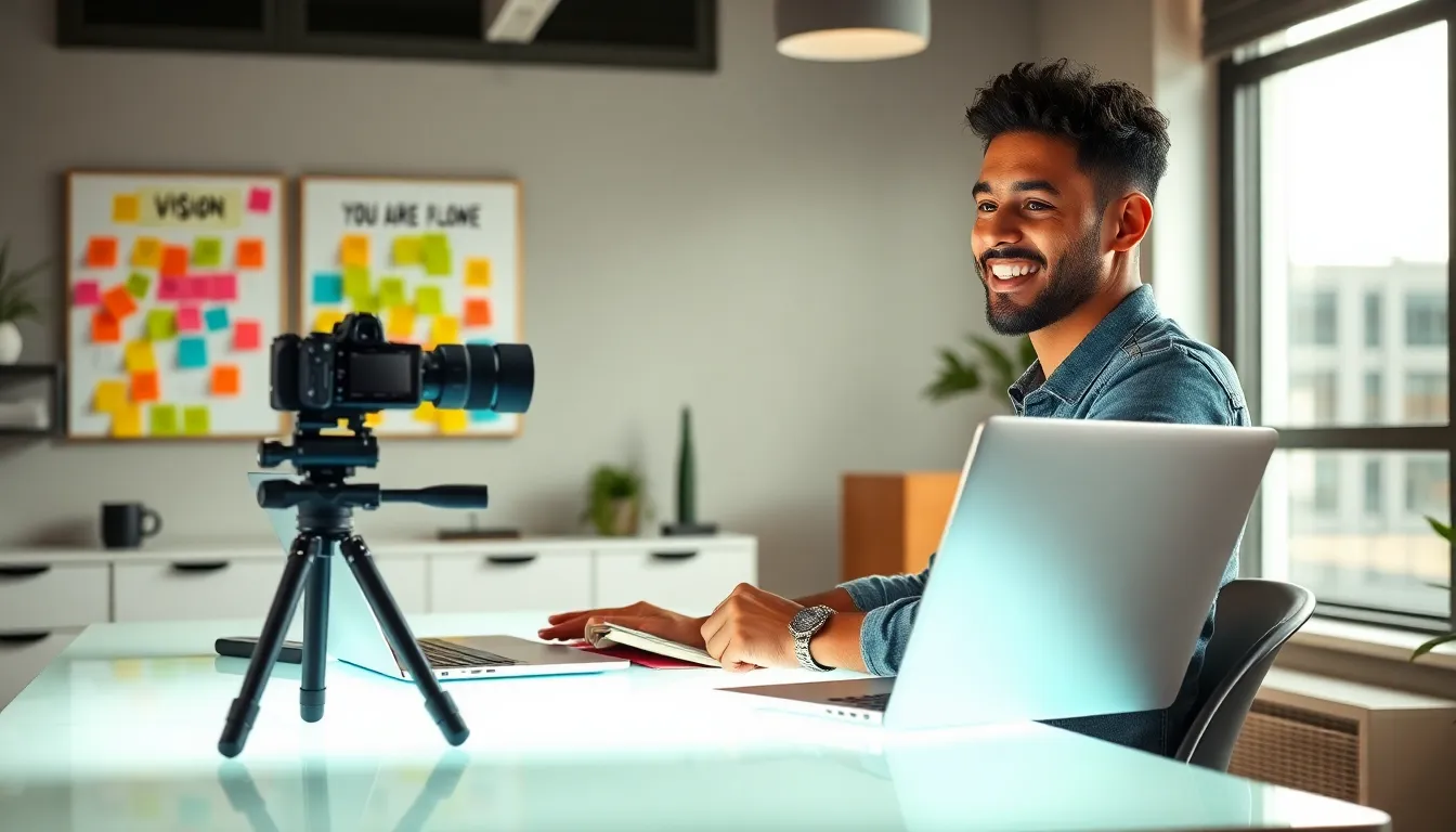 young man filming a vlog in a modern office setting.